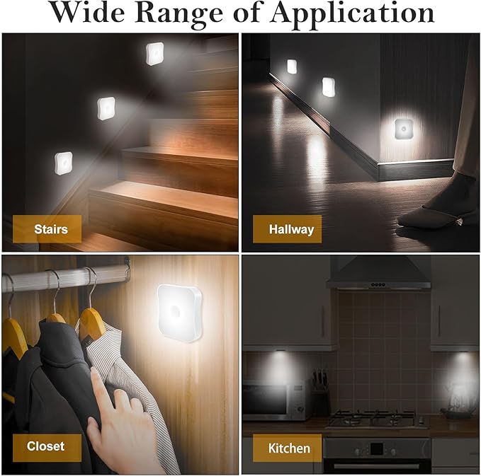 Rechargeable Motion Sensor Light Indoor Stair Lights Rechargeable Battery Night Light Stick On Magnetic Motion Lights for Stair, Step, Hallway, Closet, Cabinet, Bathroom, Cool White, 4 Pack