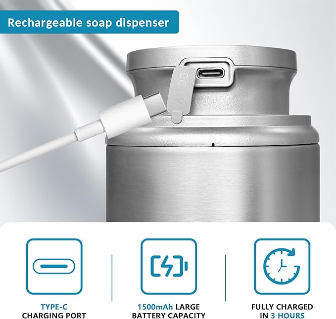 12 oz. Automatic Soap Dispenser Stainless Steel with Sensor Infrared Soap Dispenser Electric IPX5 Waterproof USB-C Charging Motion Sensor for Kitchen & Bathroom (Silver Arc)