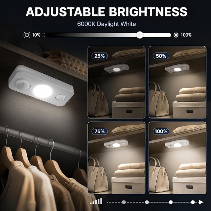 LightingWill LED Motion Sensor Puck Lights, Rechargeable Under Cabinet Lights, Stick on Wireless Night Lights, Dimmable Closet Lights for Drawer, Shelf, Hallway, Stairs, Daylight White, 8 Pack