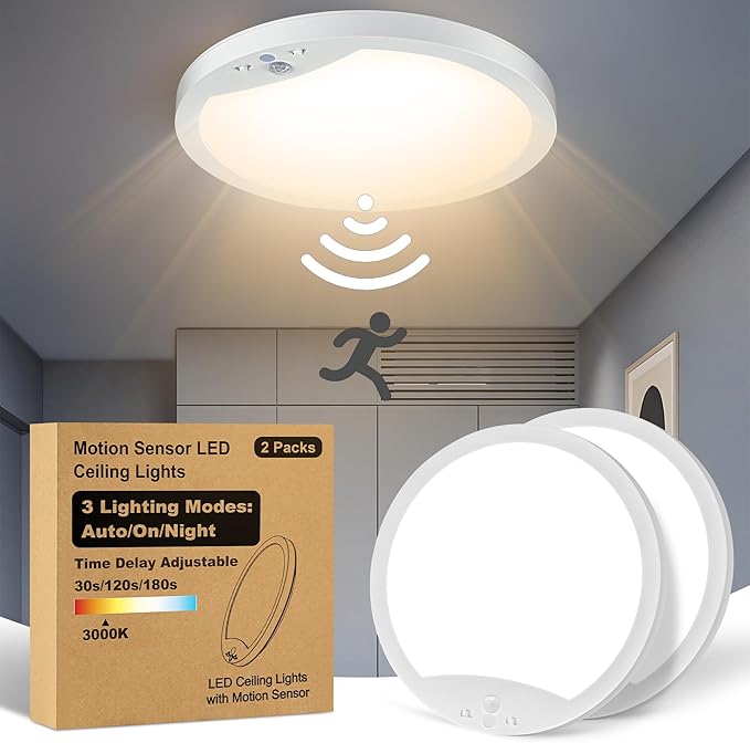 2-Pack Motion Sensor Ceiling Lights Hard-Wired, 9Inch Indoor Motion Activated LED Ceiling Light Fixtures with 3 Modes, Flush Mount Lights for Closet Stairwell Hallway, NOT Battery Operated, 3000K