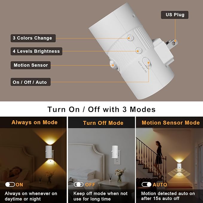 easuntec Motion Sensor Light Indoor, Night Lights Plug into Wall, Motion Sensor & Dusk to Dawn Sensor, 3 Light Modes, Dimmable Night Light for Bedroom Bathroom Hallway Kitchen Stairs (White, 2 Pack)