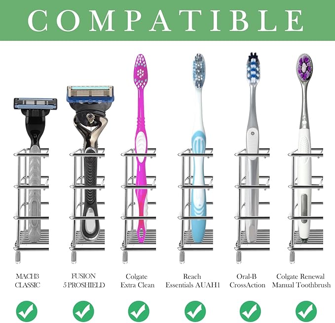 Linkidea Toothbrush Holder for Shower, Bathroom, Stainless Steel Tooth Brush Storage Stand Rack, Wallmount/Countertop 7 Slot Organizer Compatible with Colgate Extra Clean, Oral-B CrossAction
