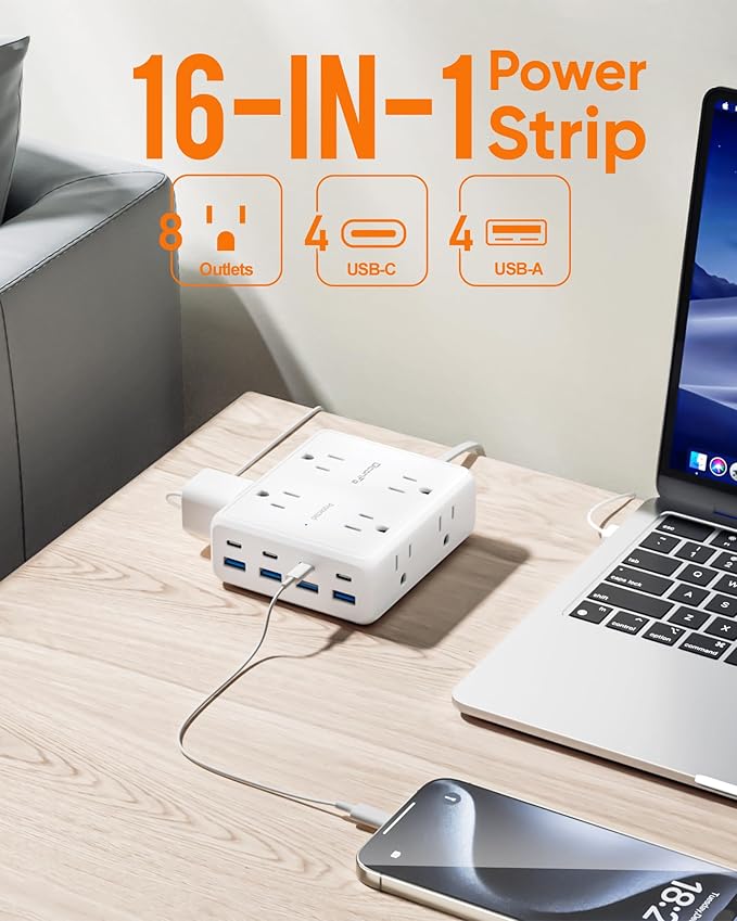 Olcorife Flat Plug Power Strip with 10 FT Extension Cord, 8 Outlets 8 USB Ports(4 USB C), 3 Sided Outlet Extender for Home Office Travel Dorm Room Essentials, White