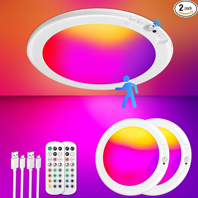2 Pack Rechargeable Motion Sensor Ceiling Light with 12 RGB Colors and Cool White Lights, Battery Operated Ceiling Light with Remote, Magnetic Motion Sensor Lamp for Closet Pantry Hallway Porch