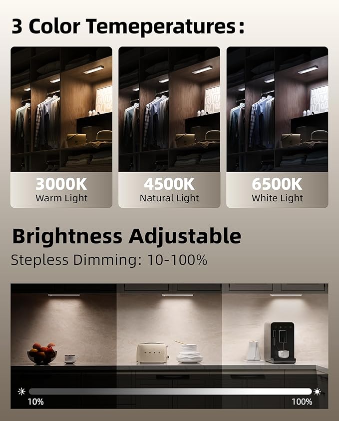 4Pack 7.8inch Under Cabinet Lighting, Rechargeable Motion Sensor Light Wireless Indoor, Dimmable 3 Color Temps Closet Lights with Remote, Under Counter Lights for Kitchen, Stairs, Bookshelf