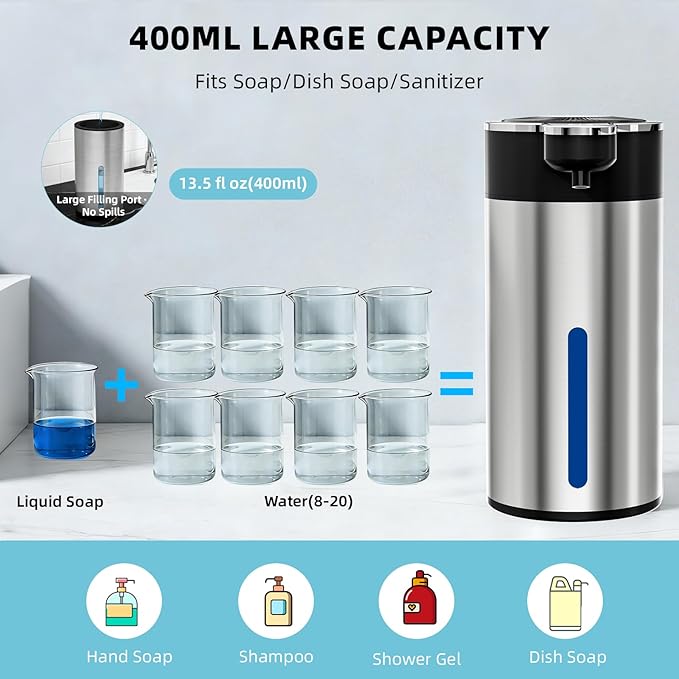 Touchless Automatic Foaming Soap Dispenser for Kitchen, Rechargeable, 13.5oz Large Capacity, Fast Sensor, 4 Adjustable Liquid Levels, Waterproof, Clog-Free Pump(Stainless Steel Foam)