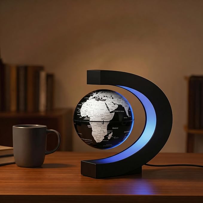 Magnetic Levitation Floating Rotating World Globe with LED Frame Lights, C Shape Levitating Globe, Touch Switch Night Light, Cool Tech Gifts for Men Dad Boys Kids, Office Desk Decor and STEM Gift