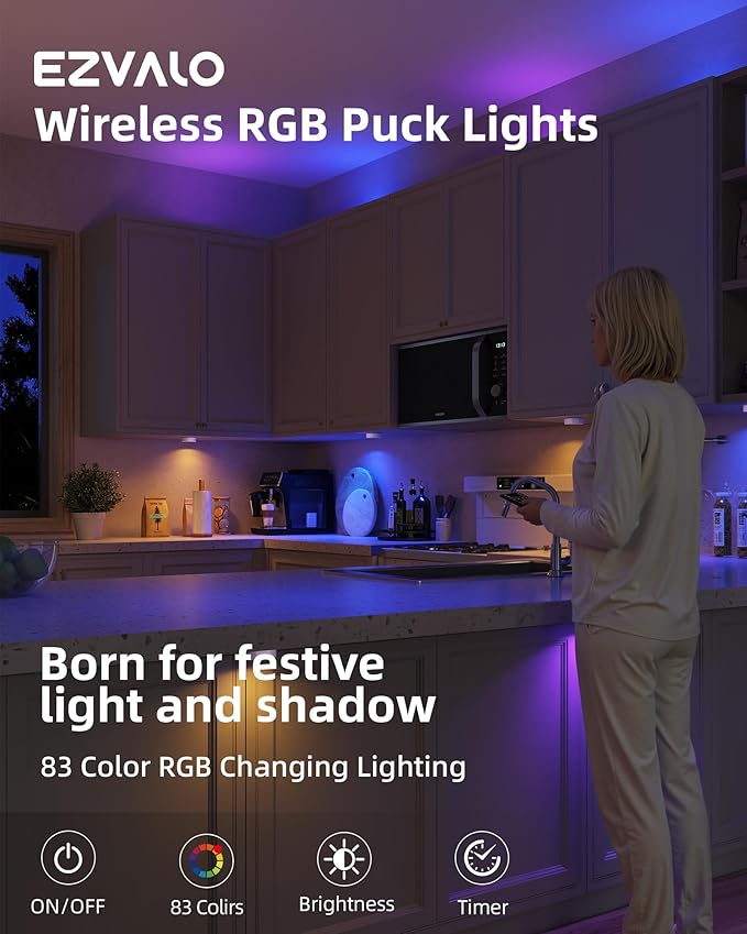 EZVALO LED Puck Lights, 6Pack Rechargeable Battery Touch Light, 2.5'' Mini Tap Lights, Wireless Closet Light, Under Cabinet Lighting, 3 Color & 83 RGB, Stick On Lights for Kitchen,Pantry,Shelves