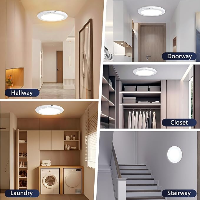 maylit 2 Pack Rechargeable Ceiling Lights, Motion Sensor Lights No Wiring, Wireless Closet Lights Battery Operated, for Bathroom Laundry Room Kitchen Porch Stair Hallway Shower Pantry Garage