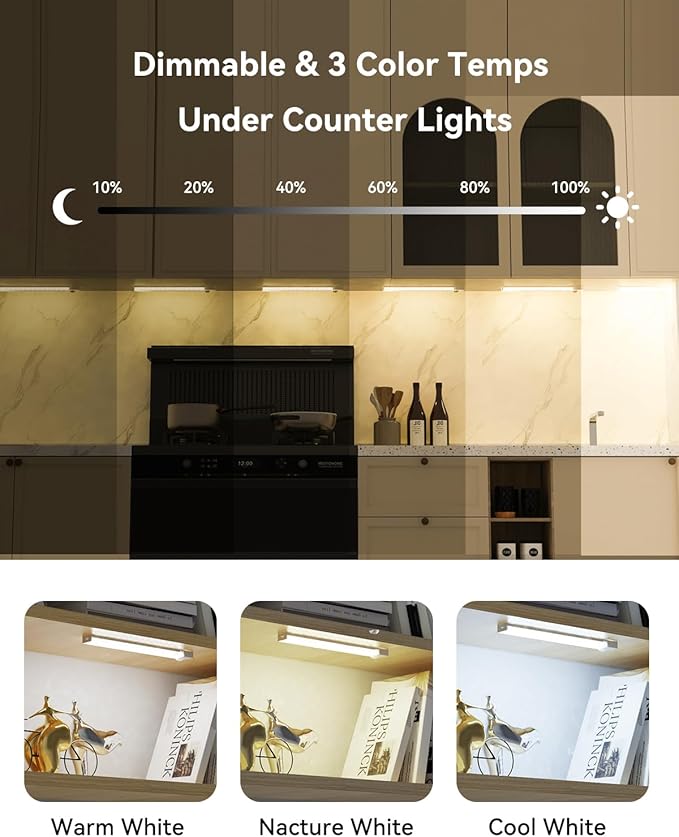 Under Cabinet Lighting Wireless, 3 Packs Rechargeable Motion Sensor Light Indoor Disassembled, 3 Color Temps Closet Light Stick on, 8 Inches Under Counter Lights for Kitchen, Wardrobe, Bedroom