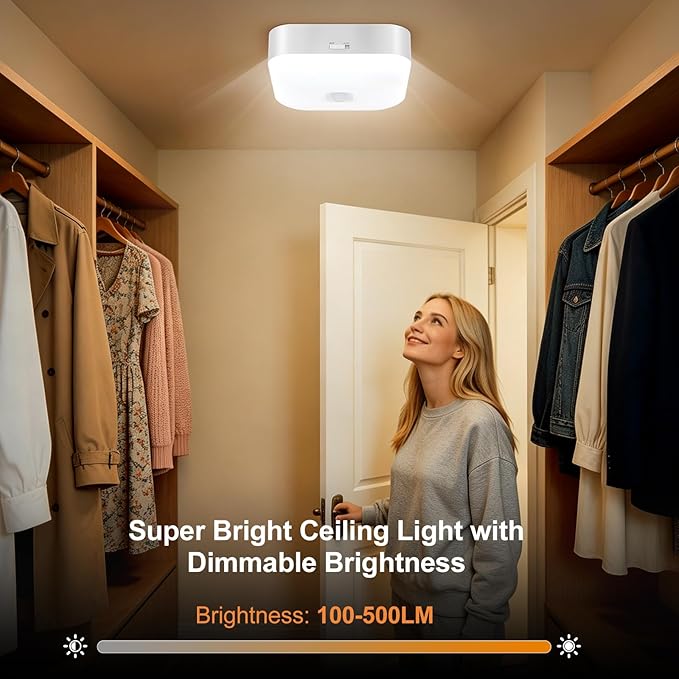 Yunaking Rechargeable Ceiling Light with Motion Sensor: Battery Operated LED Closet Light with Remote & Timing - Wireless Dimmable Magnetic Mount Shower Lamp for Bathroom/Stairs/Garage/Hallway