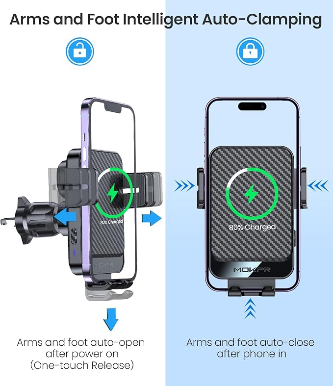 Wireless Car Charger, MOKPR 15W Fast Charging Auto-Clamping Car Mount Universal Hands-Free Car Charger Mount for Dash Windshield Air Vent Compatible with iPhone 15/14/13/12, Samsung S23/S22/S21 Black