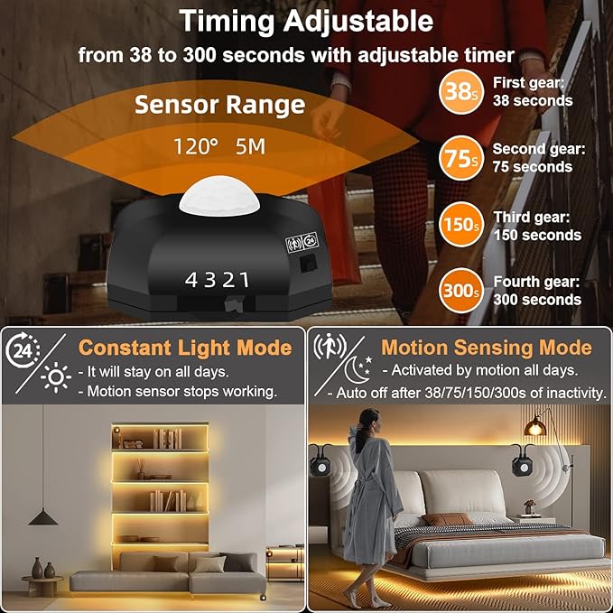 Motion Sensor LED Light Strip, 2PCS 9.8Ft Motion Sensor Light Indoor with Automatic Shut-Off Timer, Motion Activated Bed Lights Under Cabinet Lighting Kit for Bedroom Home Hallway-Warm White