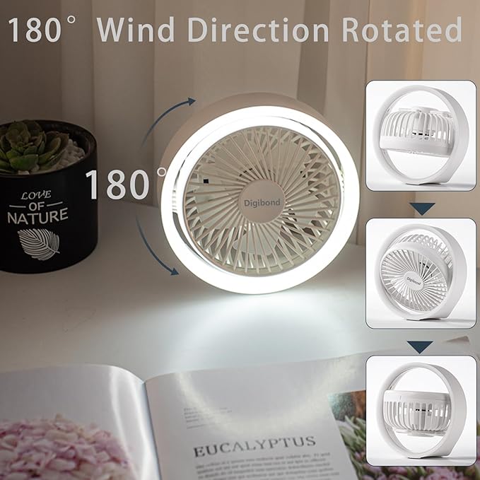 Digibond Small Desk Fan, Ultra Quite USB Fan Portable 3000mAh Rechargeable Battery Operate, High Power 3 Speed 5.3in With Ambient Light/Hook 180°Rotated Easy Clean (White)