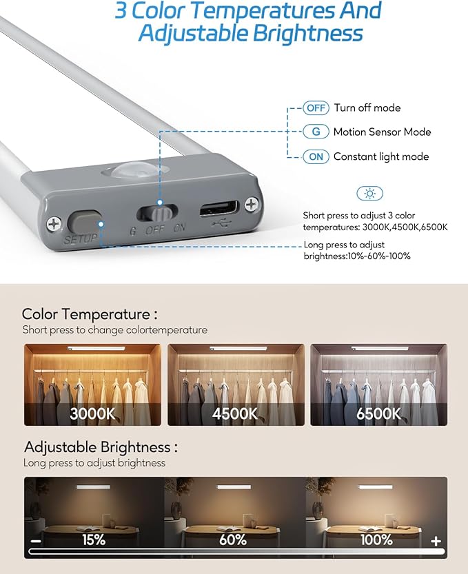 HIBOITEC 60 LED Under Cabinet Lighting 2 Packs, Stepless Dimming Motion Sensor Light Indoor, 3 Color Tempera Wireless Closet Lights, 2500mAh Rechargeable Battery Operated Light for Kitchen, Hallway
