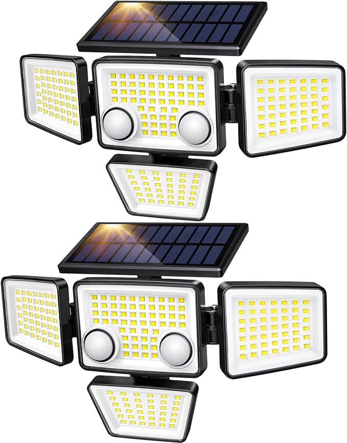 LYWALT Solar Outdoor Lights - 3000LM 188 LED Motion Sensor Outdoor Lights, 4 Heads Security Light,IP65 Waterproof, Easy Install,270°Wide Angle Flood Wall Light with 3 Modes for Backyard Yard (2 Pack)