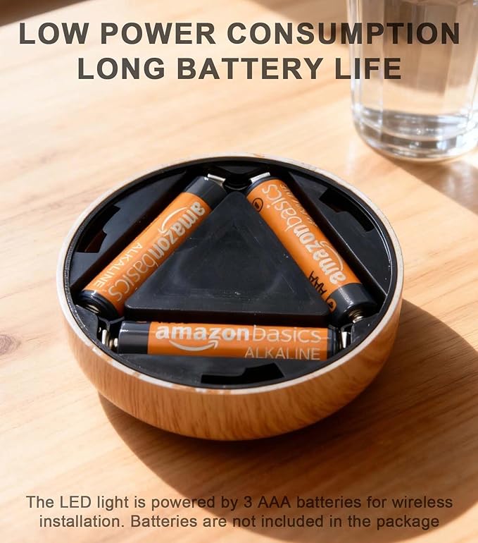 Small Push Light, 6 Pack Under Cabinet Lights Battery Powered, Wood Look LED Touch Light, Wireless Puck Lights Stick On for Kitchen, Wardrobe, Closet