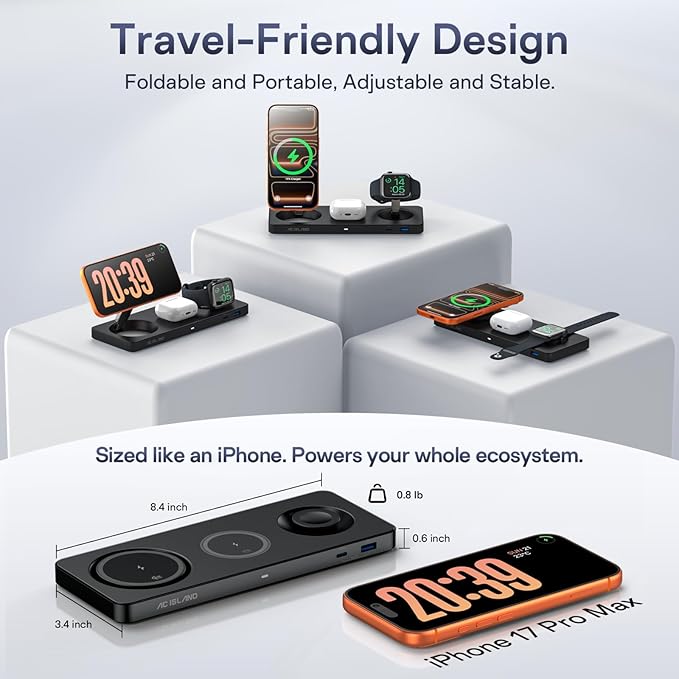 AC ISLAND 5-in-1 Qi2.2 Wireless Charger for MagSafe, 25W Foldable Magnetic Stand, Travel Charging Station for iPhone 17-12 & Air Series, Apple Watch, AirPods, with 65W GaN Adapter (Black, for Apple)