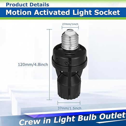 Hortsun 3 Pcs Motion Sensor Light Socket Smart Screw in Light Bulb Outlet Compatible with E26/e27 Motion Activated Bulb Holder Adapter Automatic Control for Porch Garage Storage Room (Black)