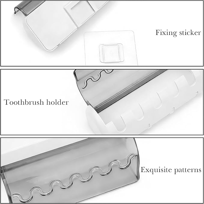 1 PCS Self Adhesive Toothbrush Holder with Cover for Bathroom, 5-Slot Wall Mounted Toothbrush Organizer Rack for Shower, Dorm, Cabinet (Grey)