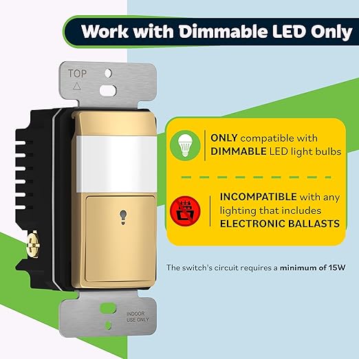 TOPGREENER Motion Sensor Light Switch, Occupancy & Vacancy Motion Sensor Switch, 𝐎𝐩𝐞𝐫𝐚𝐛𝐥𝐞 𝐖𝐢𝐭𝐡𝐨𝐮𝐭 𝐆𝐫𝐨𝐮𝐧𝐝 𝐖𝐢𝐫𝐞, No Neutral Wire, Single Pole, TDOS5-HL-GD, Gold