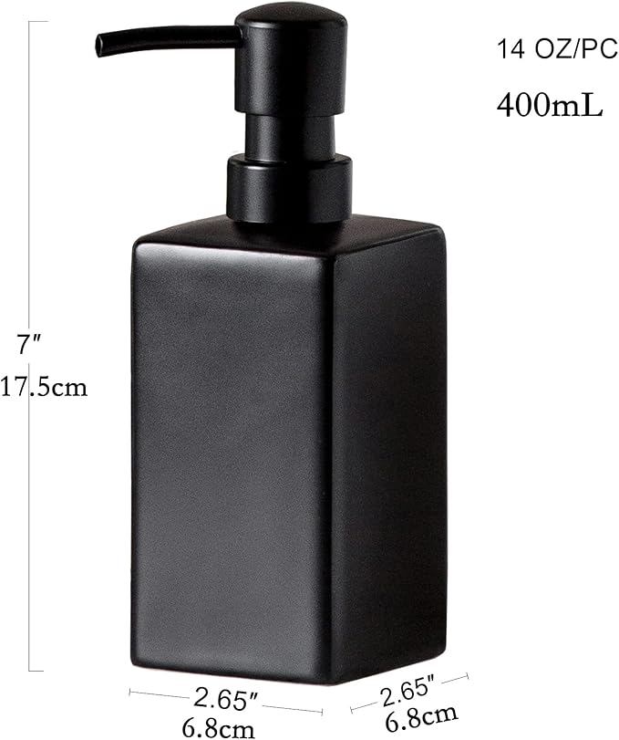 Matte Black Ceramic Square Hand Soap & Lotion Dispenser for Bathroom, Dish Soap Dispenser for Kitchen - 14oz