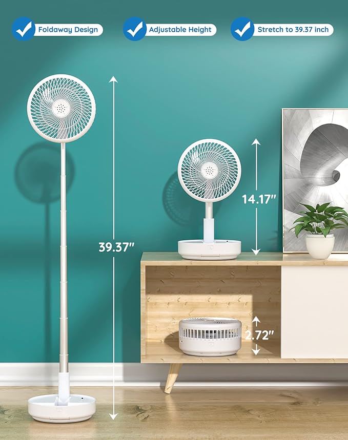 Primevolve Portable Fan, |21H Battery|7200mAh Rechargeable Oscillating Fan with Remote, Foldable Telescopic 7.7" for Travel Camping Cruise Hotel Bedroom, White