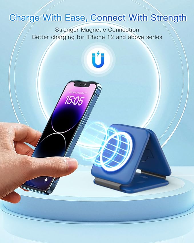 Iseyyox Charging Station for Apple Devices - 3 in 1 Magnetic Foldable Wireless Charger Dock - Travel Charging Pad for MagSafe iPhone 17 16 15 14 13 12 Pro Max Plus Watch & Airpods