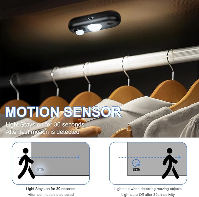 LED Motion Sensor Light Indoor, Black Magnetic Under Cabinet Lighting Daylight White, Dimmable Rechargeable Puck Lights for Closet, Kitchen, Stairs(4 Pack)
