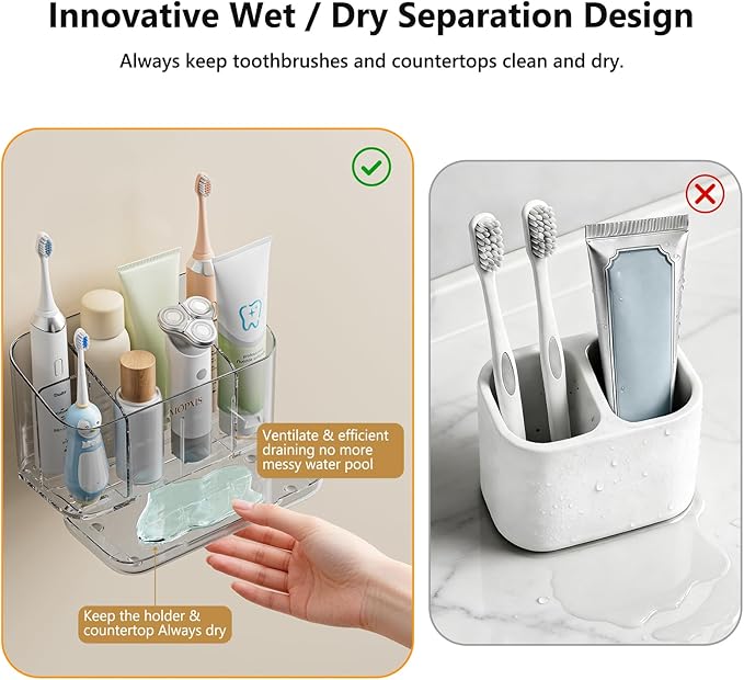 MOPMS Toothbrush Holders for Bathrooms, 5 Slots Adjustable Divider Tooth Brush and Toothpaste Holder for Easy Clean, Wall Mounted & Countertop Organizer with Drain Tray for Shower/Kitchen