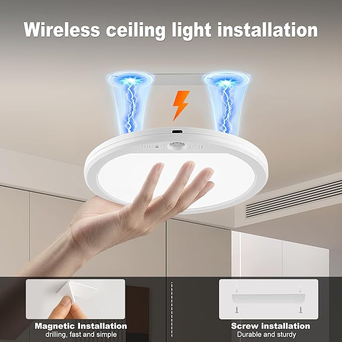 Rechargeable Ceiling Light Wireless Motion Sensor Closet Light Indoor with Remote Magnetic Ceiling Lights Battery Operated for Shower Stairs Shed Hallway Garage Pantry Porch