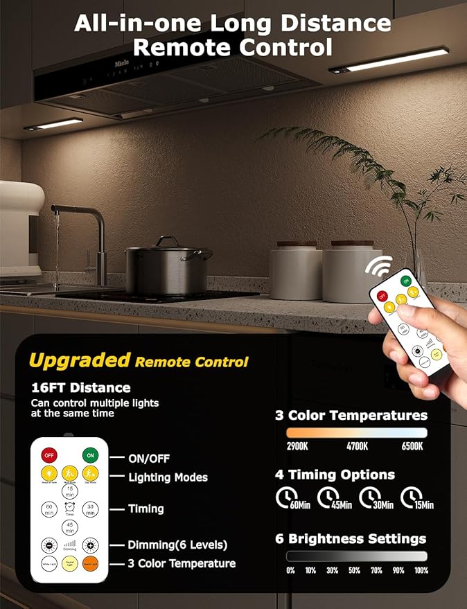 12" Ultra-Thin Under Cabinet Lighting Cordless, Aluminum Alloy Under Counter Lights for Kitchen, 3-Color-Temps Magnetic Closet Lights, Rechargeable Motion Sensor Light Indoor (6 Pack, Black)