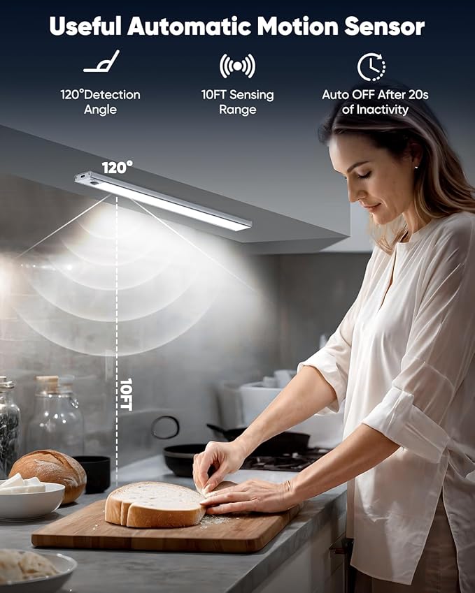 Under Cabinet Lights, 14'' LED Rechargeable Battery Operated Motion Activated Night Light Indoor, 3200mAh Magnetic Dimmable Closet Lights, 6500K Wireless Under Counter Light for Kitchen, Stair, 3 Pack