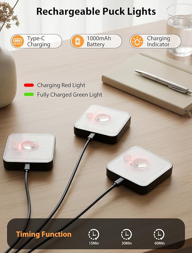 GBEAST 3 Pack Under Cabinet Lighting, Rechargeable Puck Lights with Remote, 3 Color Temps & 9 RGB Motion Sensor Cabinet Light, Magnetic Stick on Dimmable Closet Light for Kitchen Shelf Bedroom(Black)