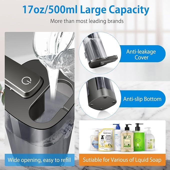 Automatic Liquid Soap Dispenser, Rechargeable, Touchless, 17oz/500ml with 4 Adjustable Soap Levels, Wall Mount & Waterproof, Liquid Hand/Dish Soap Dispenser for Bathroom Kitchen