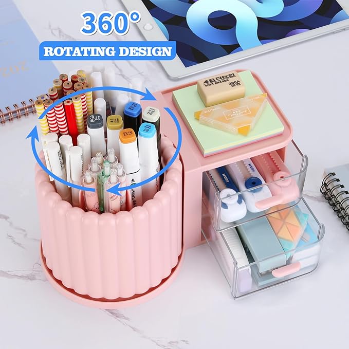 LETURE Rotating Office Desk Organizers and Accessories with 2 Drawer, Pencil Pen Marker Holder for Desk, Desktop Storage Organizers and Accessories for Office Home Art Supplies (Pink)