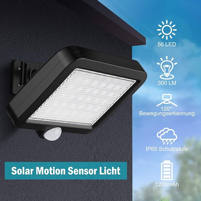 MPJ Solar Light Outdoor,56 LED Solar Light Outside with Motion Detector, IP65 Waterproof, 120° Lighting Angle, Solar Wall Light for Garden with 16.5ft Cable, 2 Pack