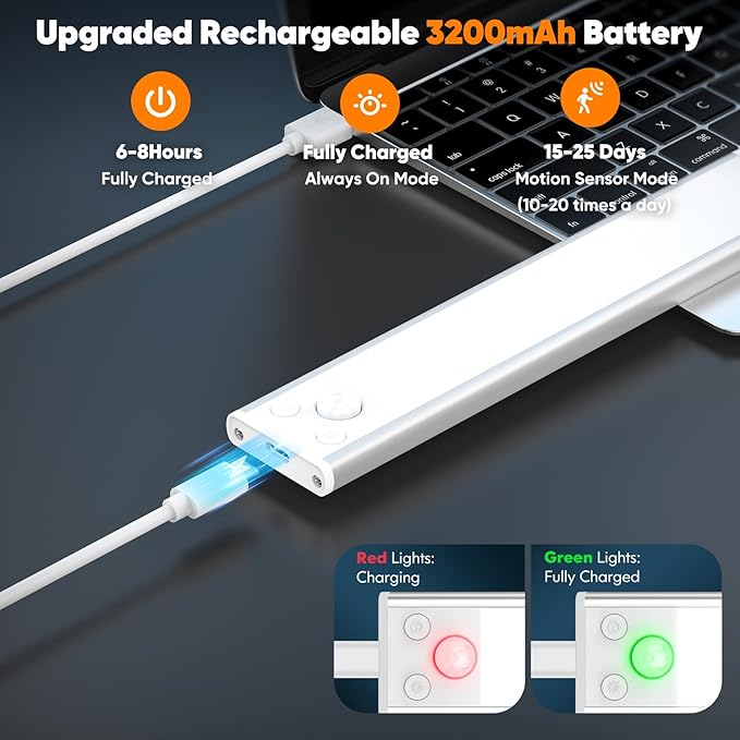 Brightever Under Cabinet Lights, 14inch Rechargeable Battery Operated Motion Sensor Lights Indoor, 3200mAh Wireless Magnetic Dimmable Under Closet Counter Night Lights for Kitchen Stair, 3 Packs