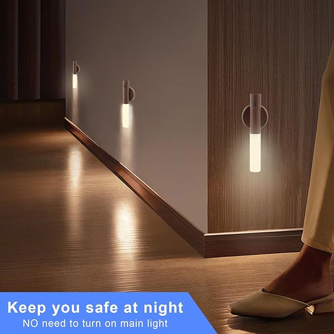 LANDGOO LED Motion Sensor Lights, Set of 2 Battery Operated Stick on Wall Sconces, Rechargeable Lighting for Hallway Stairway, Magnetic 360° Rotation for Indoor Lamps (Black Walnut Wood 2PCS)