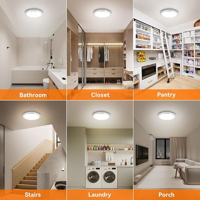 Rechargeable Motion Sensor Ceiling Light Indoor Outdoor w/Remote, 7.08 Inch Battery Operated Flush Mount Ceiling Light 3000K 4000K 6000K 400LM Dimmable for Closet Hallway Laundry Stairs (1)