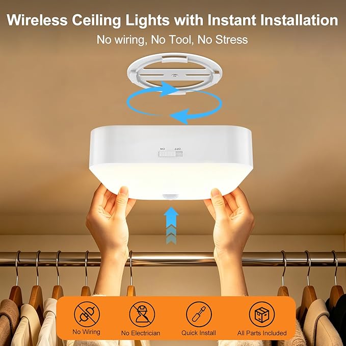 Yunaking Rechargeable Ceiling Light with Motion Sensor: Battery Operated LED Closet Light with Remote & Timing - Wireless Dimmable Magnetic Mount Shower Lamp for Bathroom/Stairs/Garage/Hallway