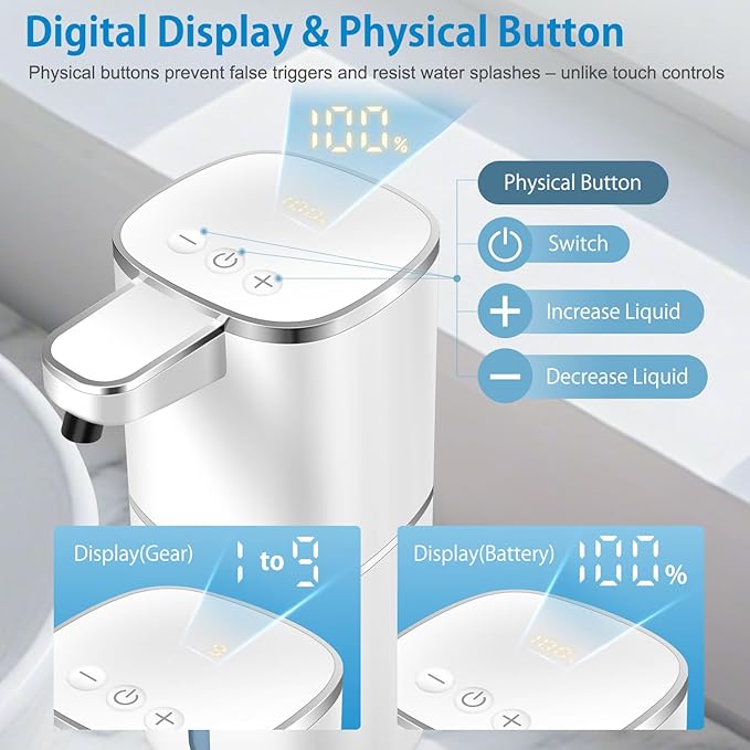 Automatic Liquid Soap Dispenser,Digital Display 9-Level Adjustable Touchless Smart Hand & Dish Soap Dispenser, USB Rechargeable, 13.5oz/400mL Wall Mounted for Bathroom Kitchen, Hotel, Restaurant