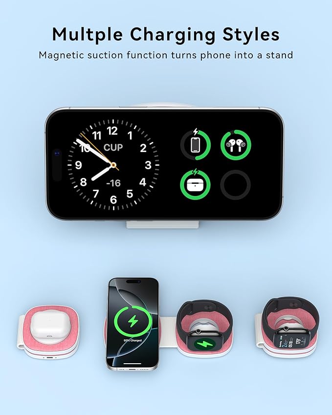 Charging Station for Apple Multiple Devices：2 in 1 Foldable Wireless Charger for Magnetic Wireless Charger Station Travel Charging Pad for Apple iPhone 17 16 15 14 13 12 Series& Apple Watch& Airpods
