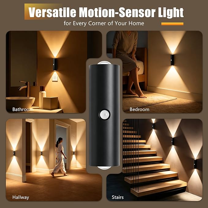 2 Pack Motion Sensor Wall Light, Rechargeable Wall Sconces Battery Operated with 3 Colors & Dimmable, Magnetic Wireless Wall Sconces for Stair Bedroom Hallway Bathroom (Black)