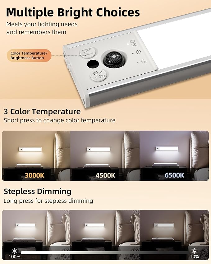 EZVALO 12inch Under Cabinet Lighting, Rechargeable Motion Sensor Light Indoor with 3 Color Temperatures, Dimmable & Magnetic Closet Lights, Wireless Under Counter Lights for Kitchen, Stairs (2 Pack)
