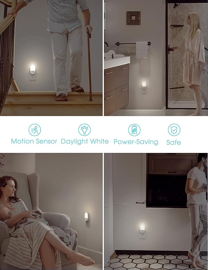 L LOHAS LED Motion Sensor Night Light Plug in, Motion Activated Night Light, 5000K Daylight White, Night Lights Plug Into Wall, Adjustable Brightness, Nightlights for Bathroom, Kids, Hallway, 4 Pack
