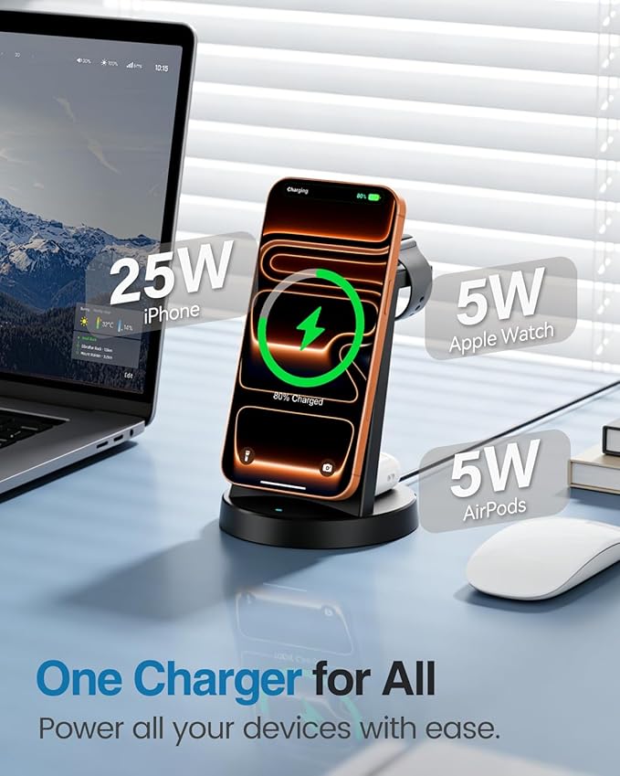 25W Magnetic 3-in-1 Wireless Charging Station for Apple Multiple Devices: Qi2.2 Fast Charger Stand for iPhone Air 17 16 15 14 13 12 Pro Max, Apple Watch and AirPods-Perfect for Business and Travel