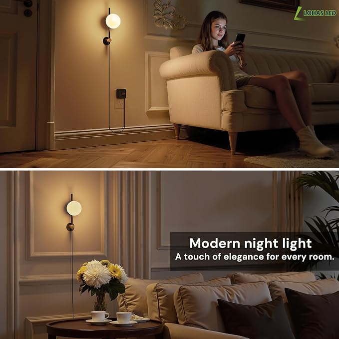 L LOHAS LED Night Lights Plug into Wall, Dimmable Night Light, Dusk to Dawn Sensor, 0-100LM Adjustable Brightness, Soft White 3000K Globe Shade Milky Nightlight with 4.92ft Cord for Bathroom, Hallway