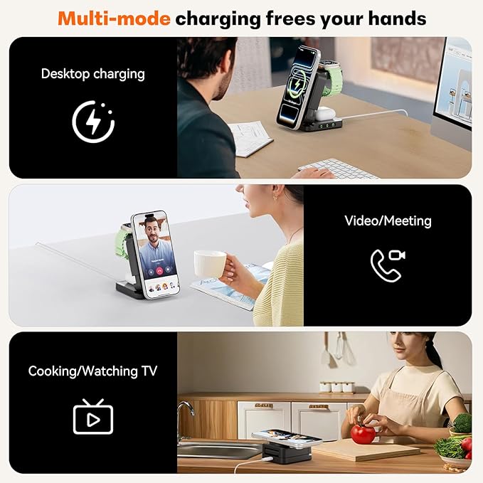 Wireless Charger 3 in 1, Foldable Charging Station for Apple Samsung Multi Devices Charging, Magnetic Charging Stand, Portable Travel Fast 15W Charger Station for iPhone, TWS, iWatch (Black)