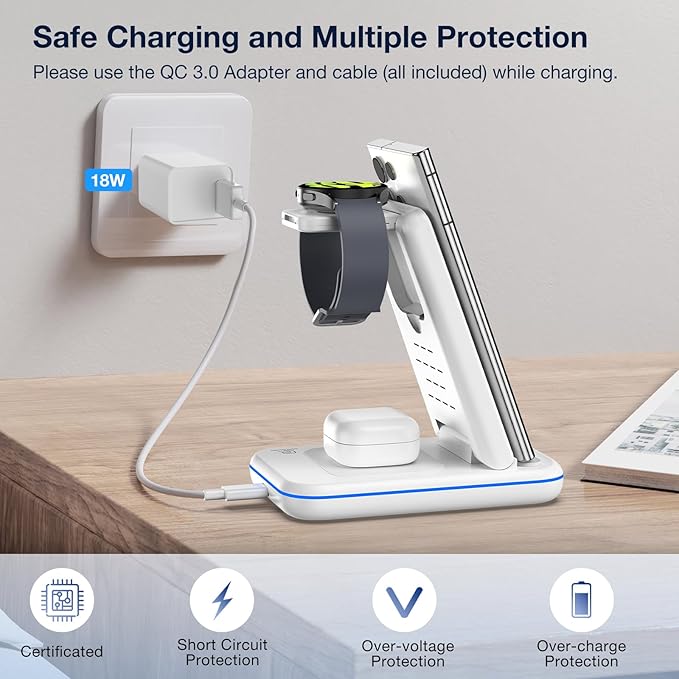 Wireless Charger for Samsung/Android, HOLYJOY Foldable 3 in 1 Fast Charging Station/Stand/Multi Charger for Samsung S25 Ultra/S24/Note 20,Travel Pad for Galaxy Watch 8/7/6/5/4/Active 2,For Buds(Ivory)